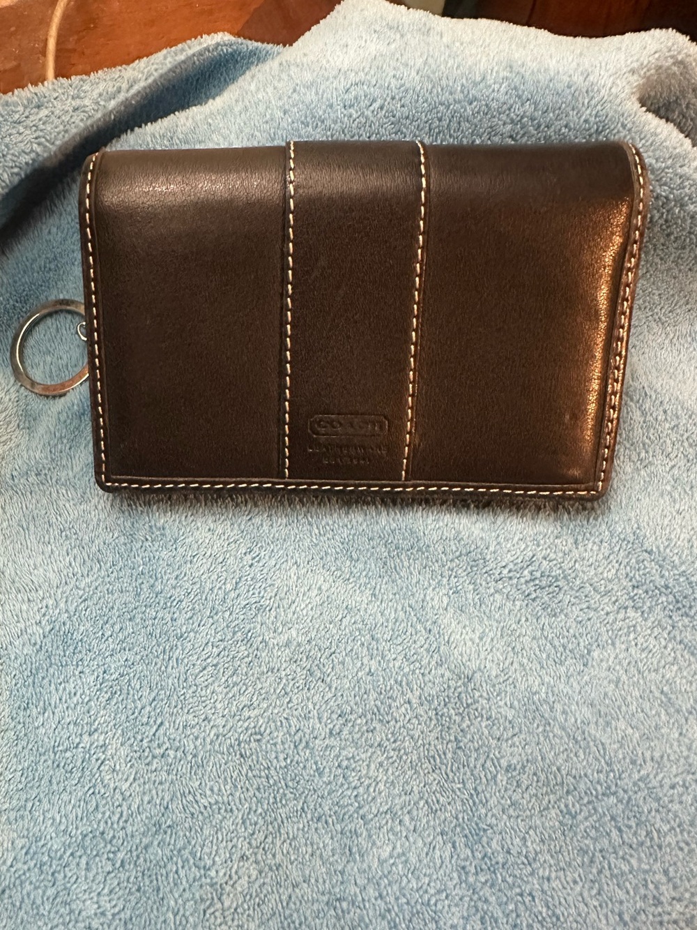 Coach Black Leather Wallet with White Contrast Stitching and Key Ring